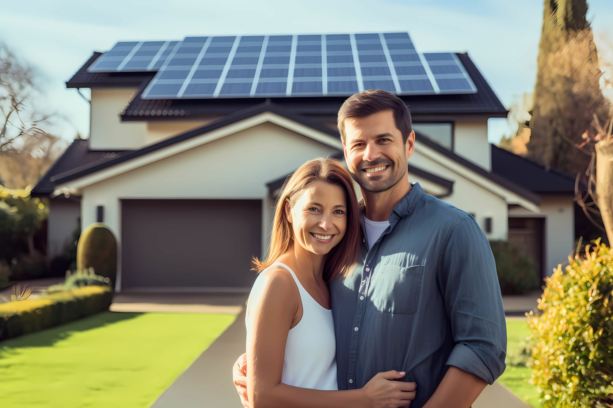 A happy couple in front of a house that has solar panels installed 